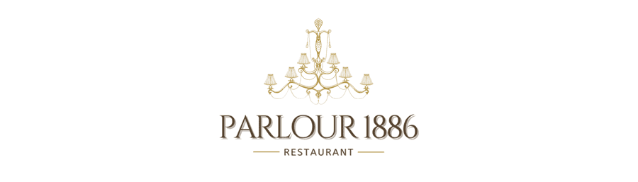 Logo of Parlour 1886 restaurant featuring an elegant chandelier design.