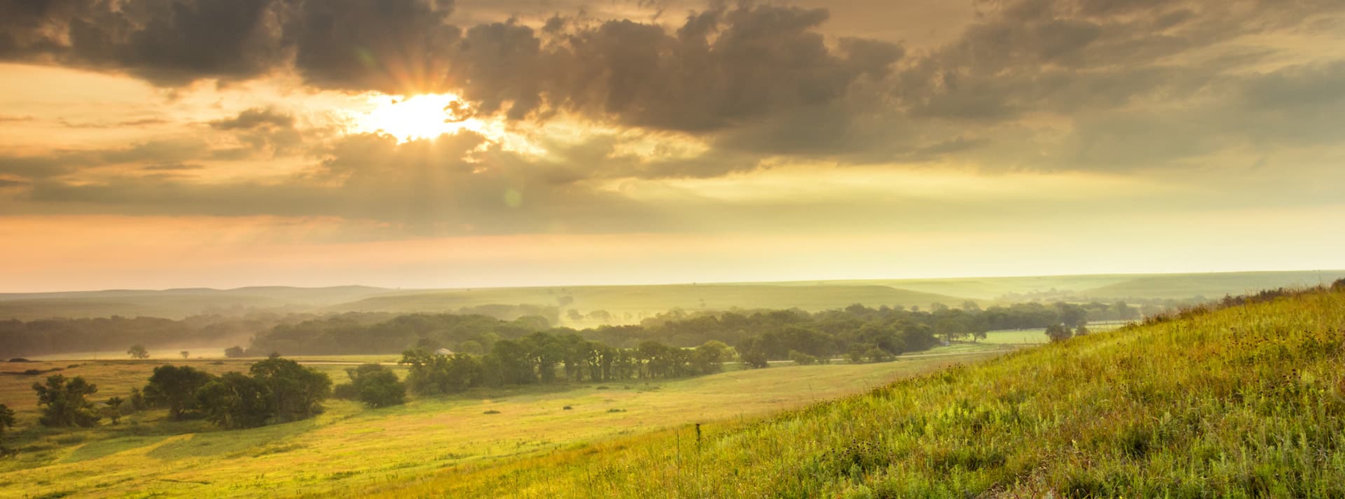 A panoramic view of rolling grasslands under a cloudy sky with the sun setting in the background.