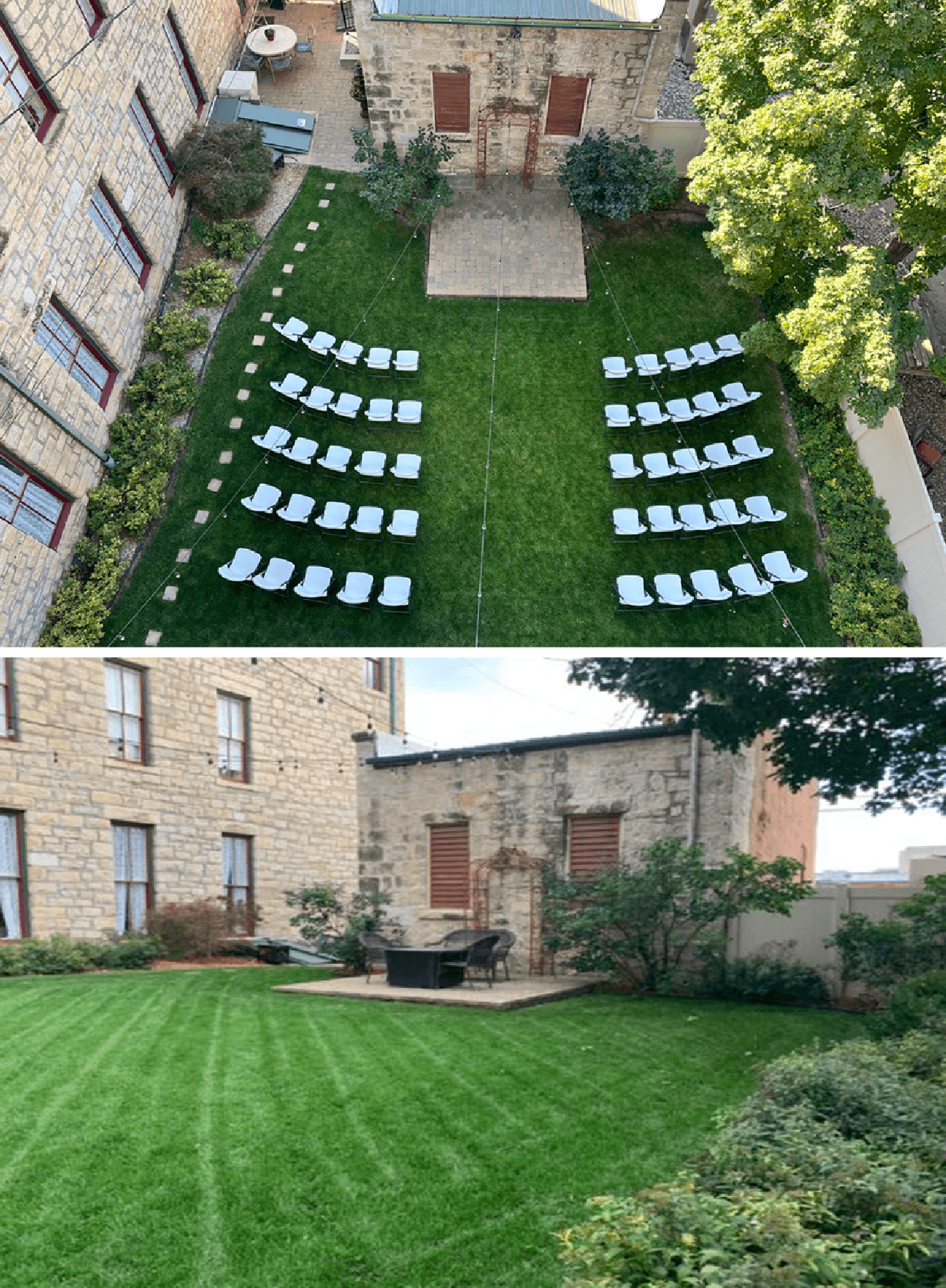 An outdoor space featuring neatly arranged white chairs on grass and a stone building backdrop.