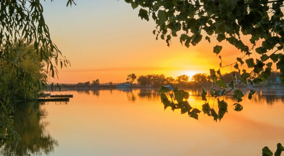 Sunset reflecting on calm water, framed by leaves.