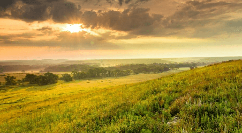 A sunlit landscape featuring rolling hills and grassy fields under a cloudy sky.