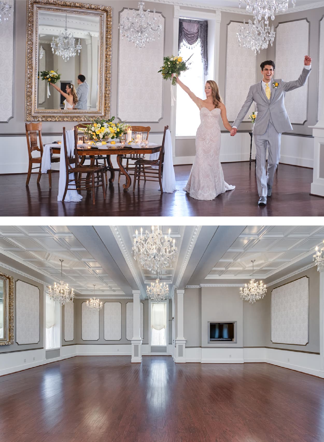 A smiling couple joyfully celebrates during their wedding reception in an elegantly decorated hall.